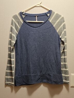 Poof! Blue Raglan Top with Gray Striped Sleeves